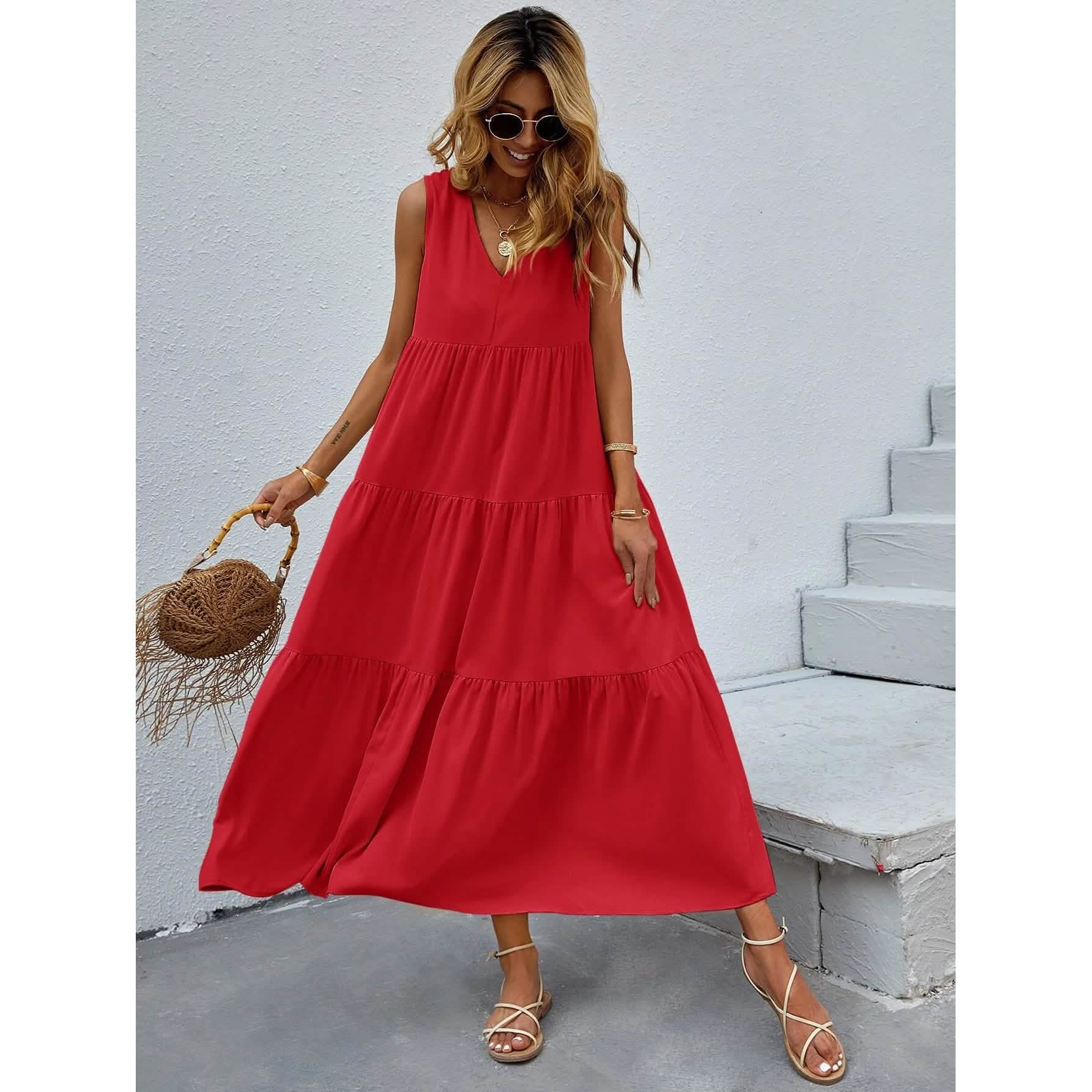 Women's V-neck Ruffle Hem Solid Dress DailySale