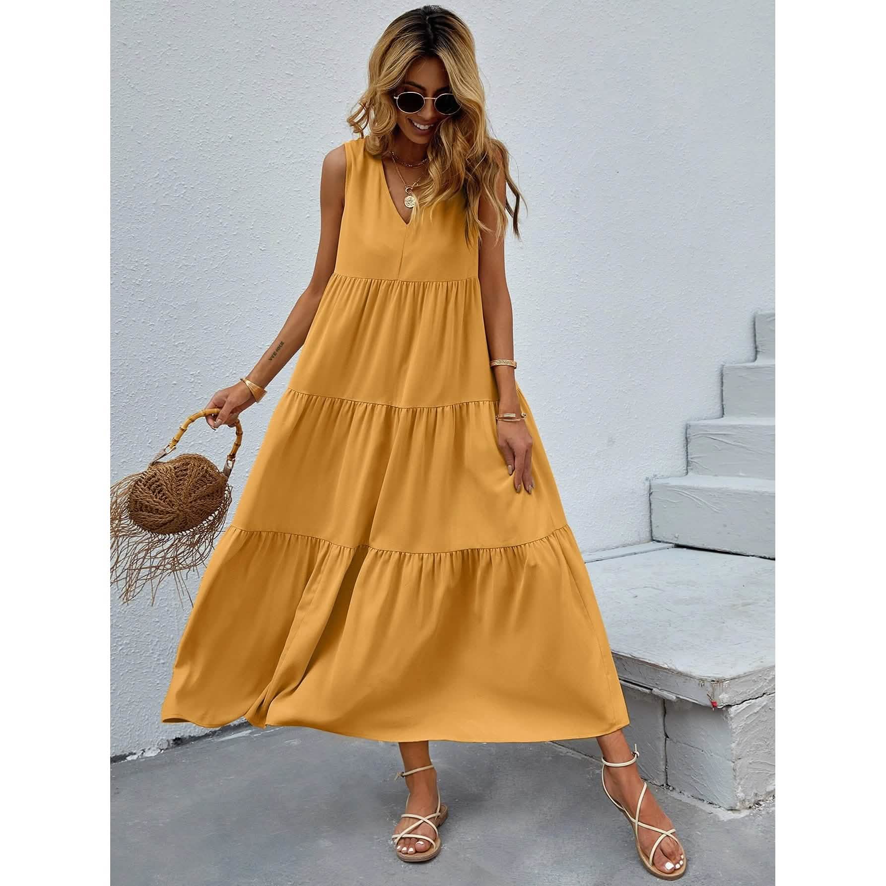 Women's V-neck Ruffle Hem Solid Dress DailySale