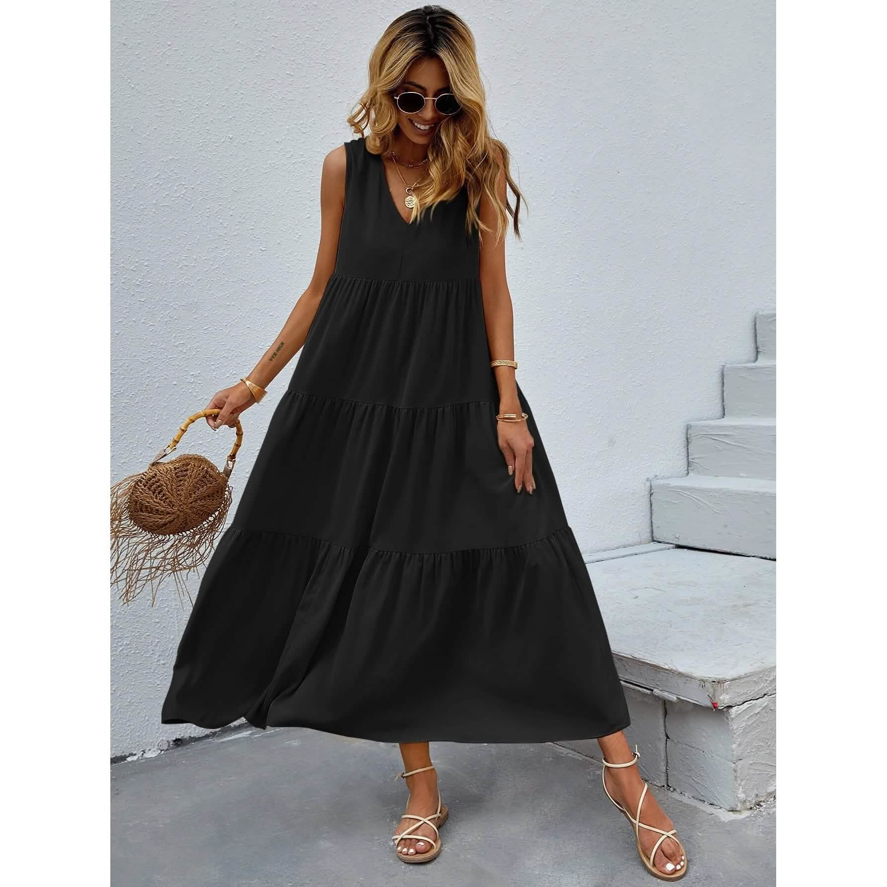 Women's V-neck Ruffle Hem Solid Dress DailySale