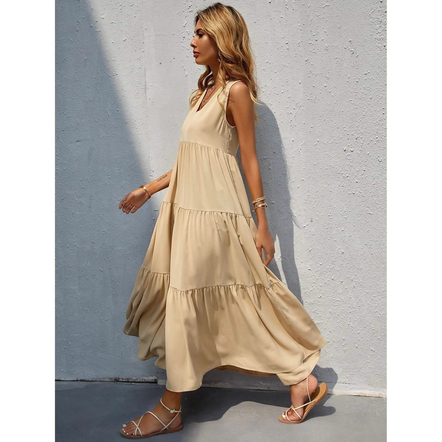 Women's V-neck Ruffle Hem Solid Dress DailySale