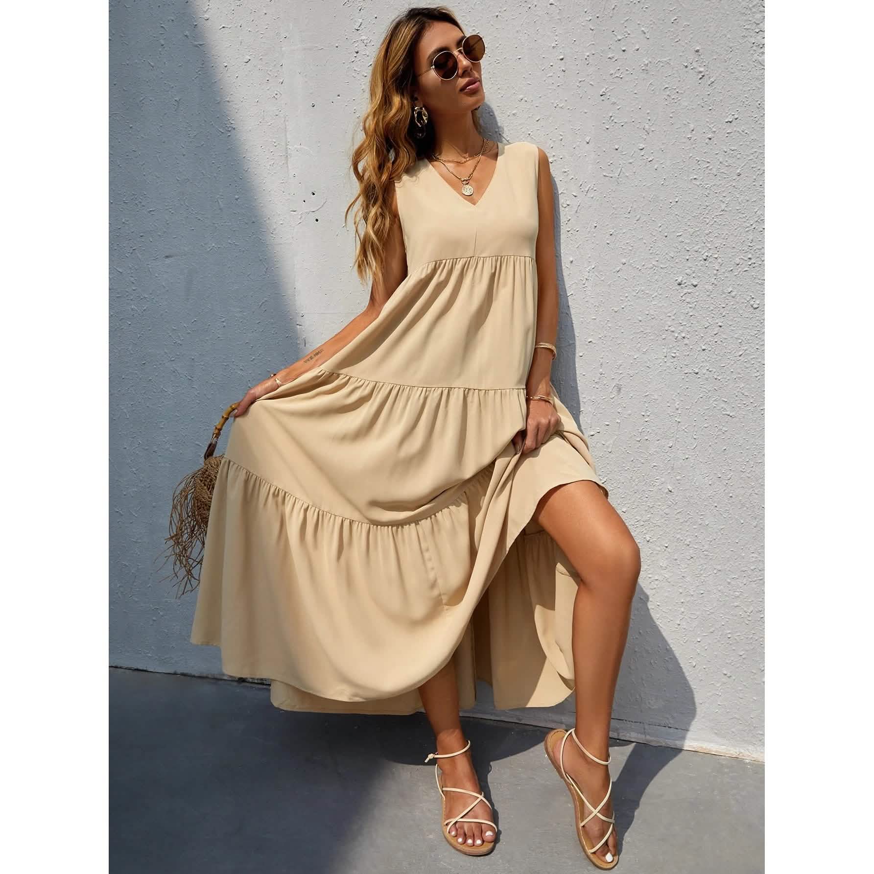 Women's V-neck Ruffle Hem Solid Dress DailySale