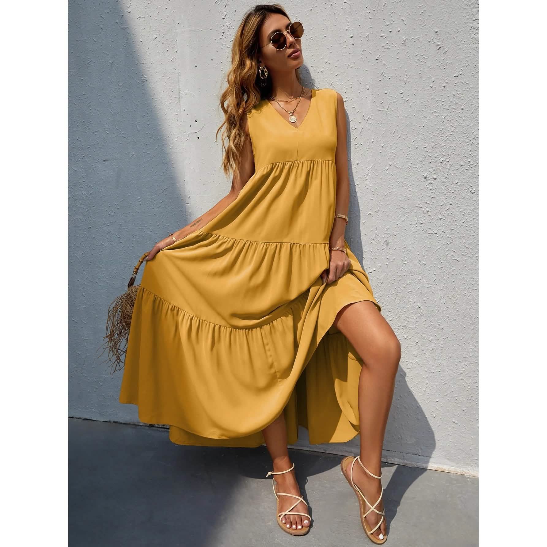 Women's V-neck Ruffle Hem Solid Dress DailySale