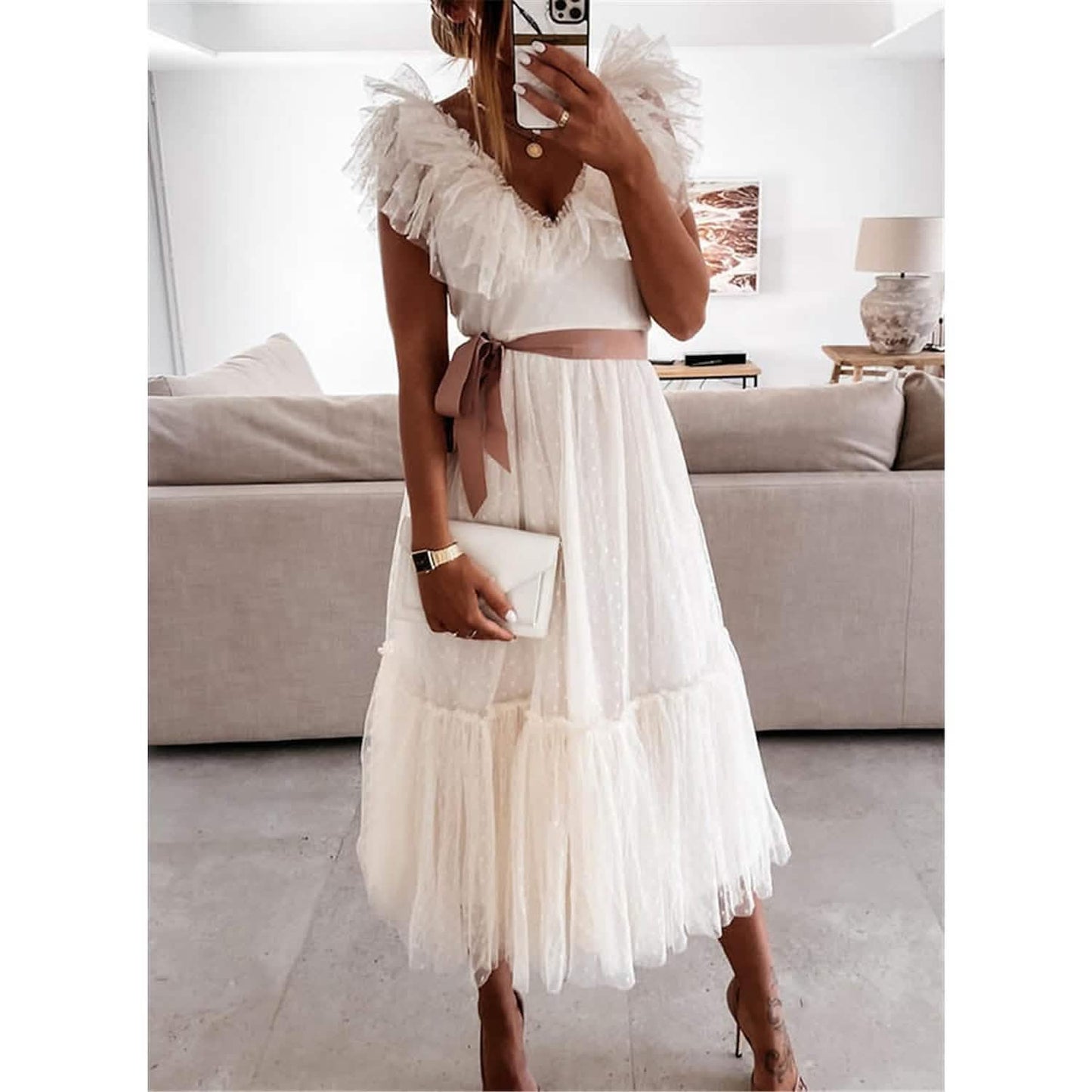Women's V-Neck Solid Pleated Dress DailySale