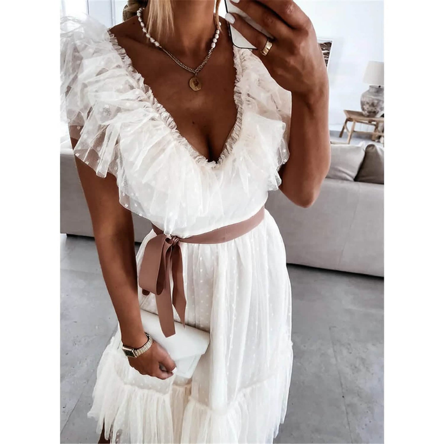 Women's V-Neck Solid Pleated Dress DailySale