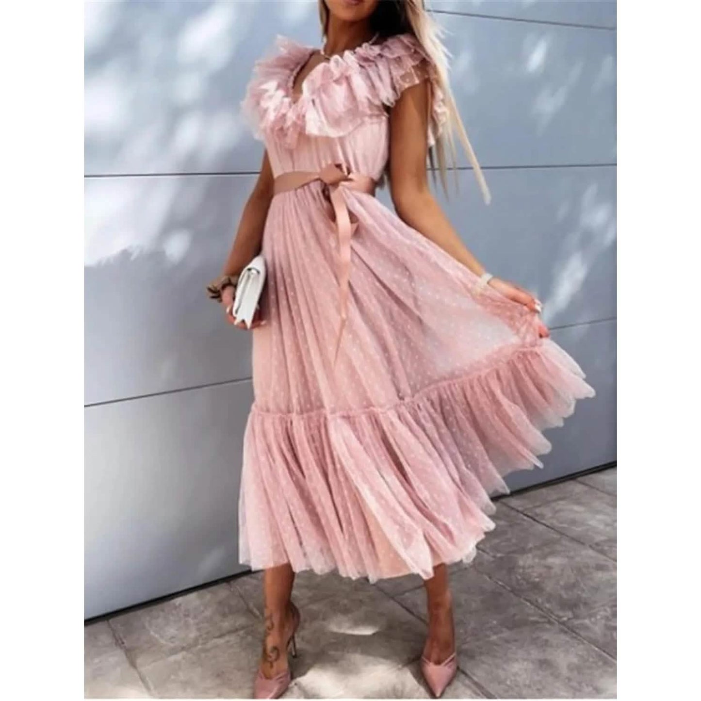 Women's V-Neck Solid Pleated Dress DailySale