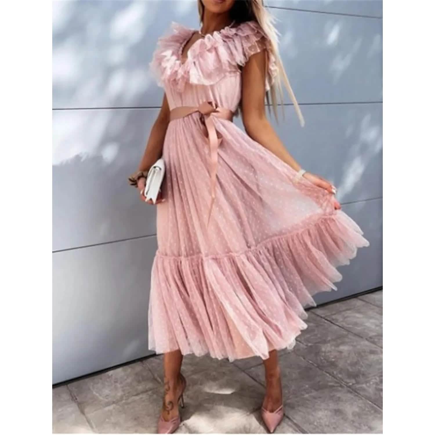 Women's V-Neck Solid Pleated Dress DailySale