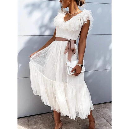 Women's V-Neck Solid Pleated Dress DailySale