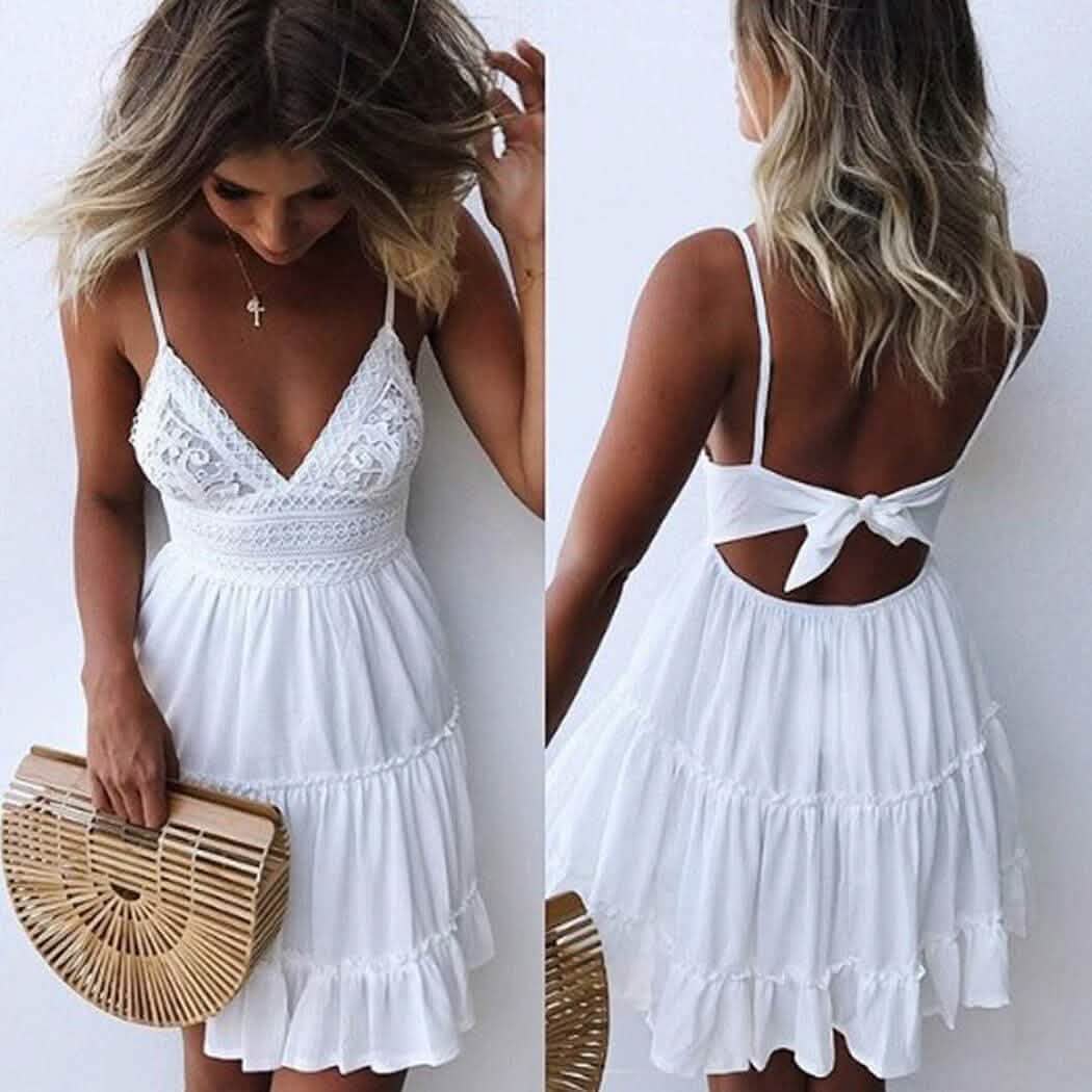 Womens V-Neck Spaghetti Strap Bowknot Backless Sleeveless Lace Mini Swing Skater Dress DailySale