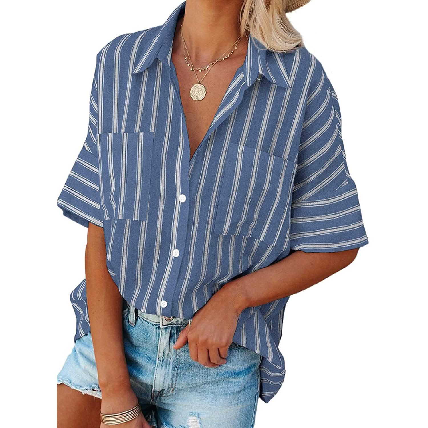 Women's V Neck Striped Roll Up Cuff Button Shirt Top DailySale