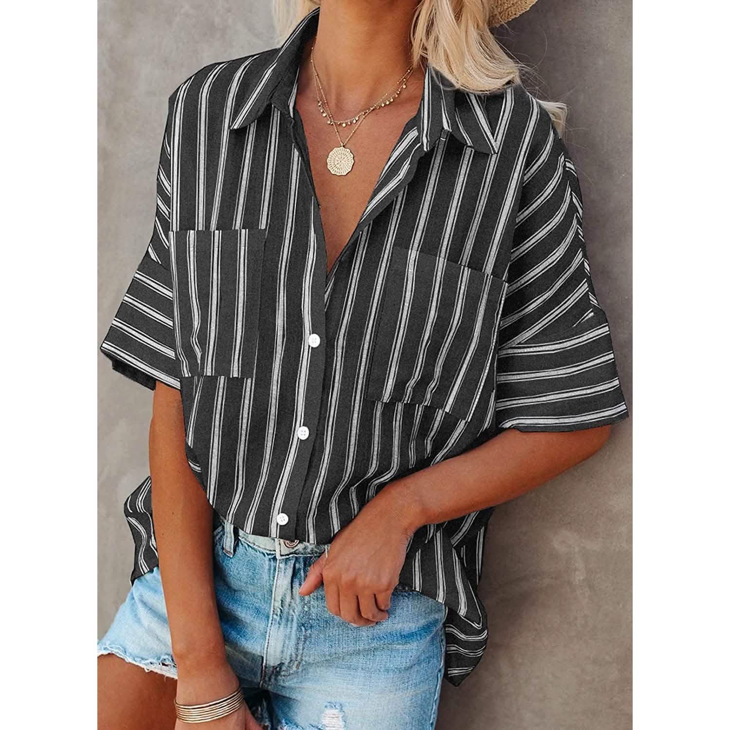 Women's V Neck Striped Roll Up Cuff Button Shirt Top DailySale