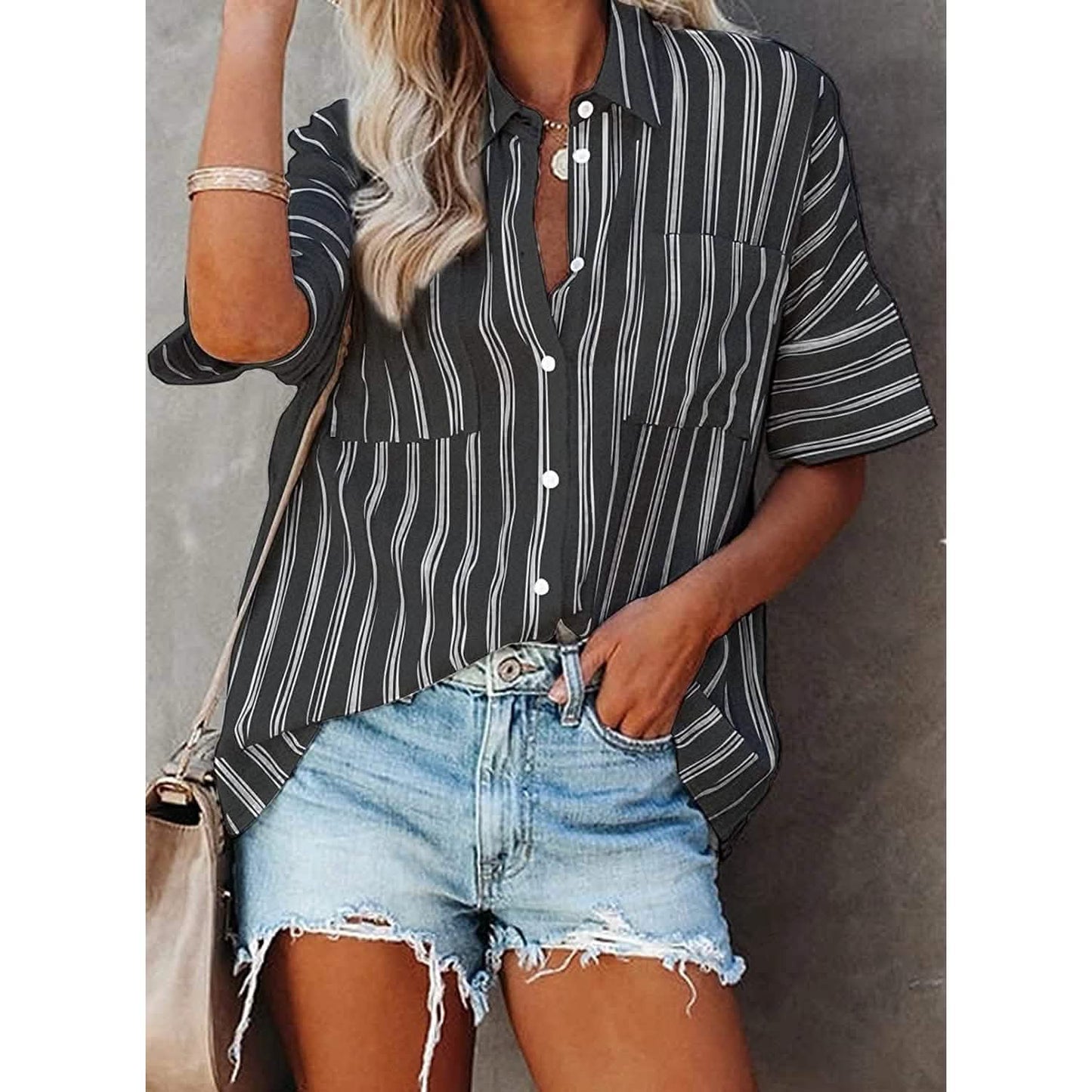 Women's V Neck Striped Roll Up Cuff Button Shirt Top DailySale