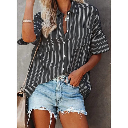 Women's V Neck Striped Roll Up Cuff Button Shirt Top DailySale