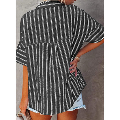 Women's V Neck Striped Roll Up Cuff Button Shirt Top DailySale