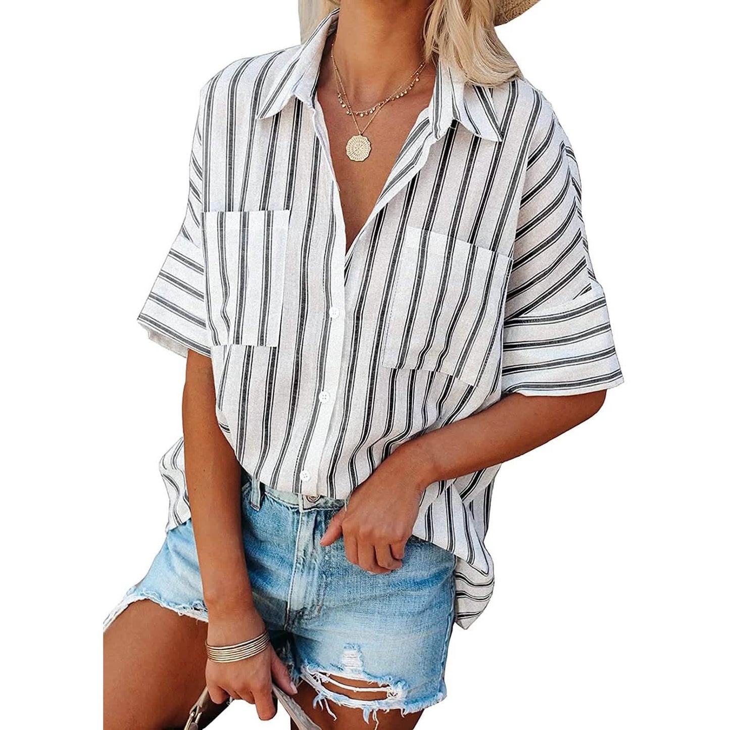 Women's V Neck Striped Roll Up Cuff Button Shirt Top DailySale