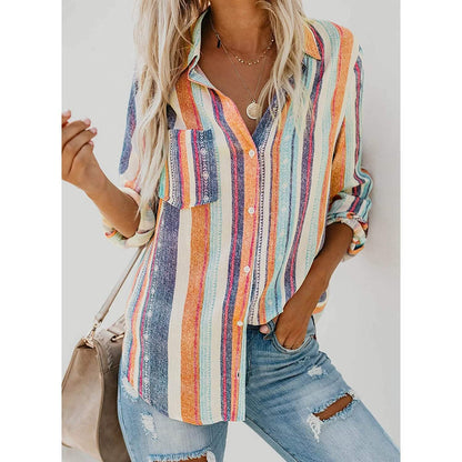 Women's V-Neck Striped Roll-Up Cuff Shirt DailySale