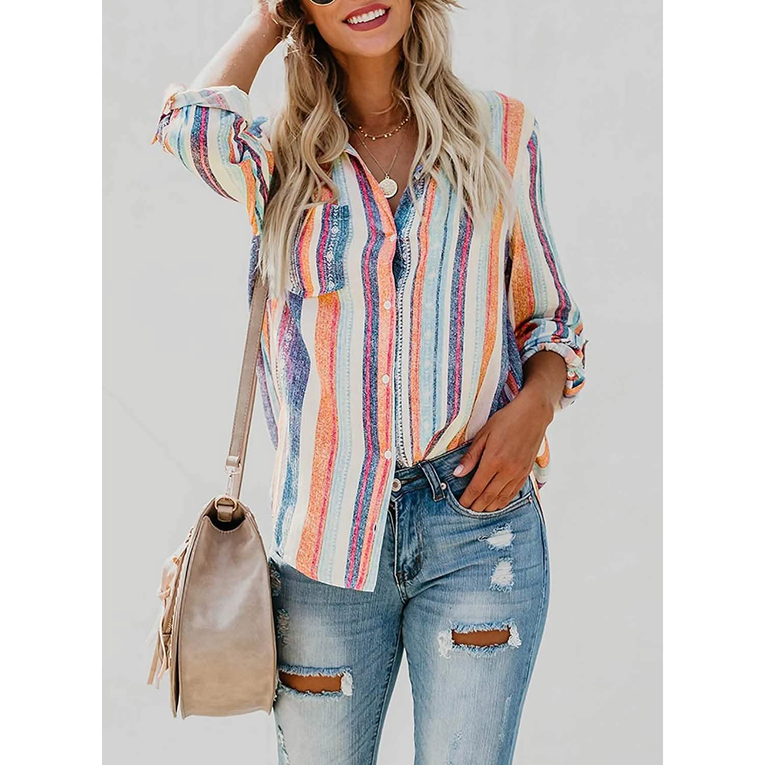 Women's V-Neck Striped Roll-Up Cuff Shirt DailySale