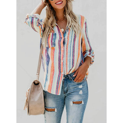 Women's V-Neck Striped Roll-Up Cuff Shirt DailySale