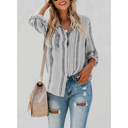 Women's V-Neck Striped Roll-Up Cuff Shirt DailySale