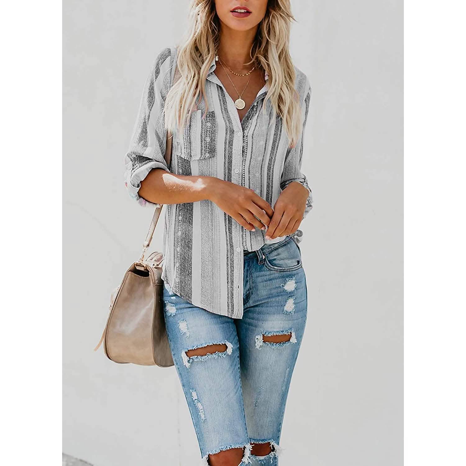 Women's V-Neck Striped Roll-Up Cuff Shirt DailySale