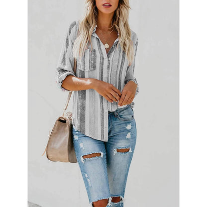 Women's V-Neck Striped Roll-Up Cuff Shirt DailySale