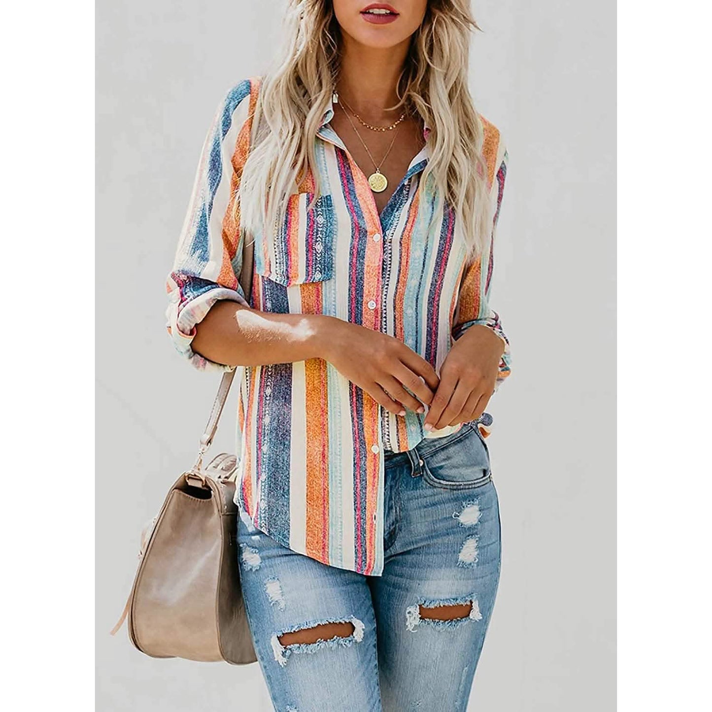 Women's V-Neck Striped Roll-Up Cuff Shirt DailySale