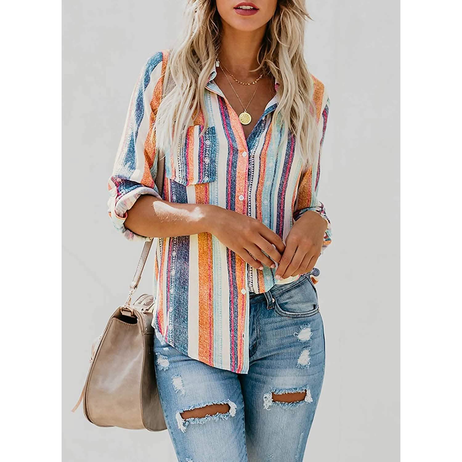 Women's V-Neck Striped Roll-Up Cuff Shirt DailySale