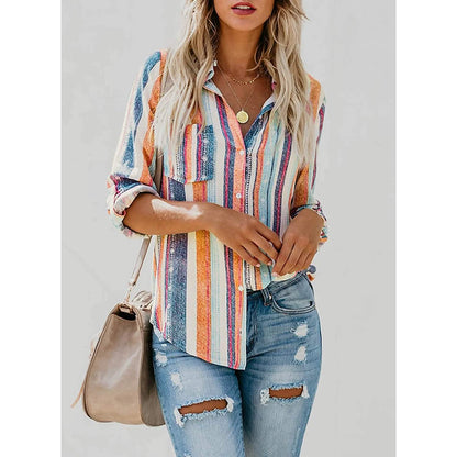 Women's V-Neck Striped Roll-Up Cuff Shirt DailySale