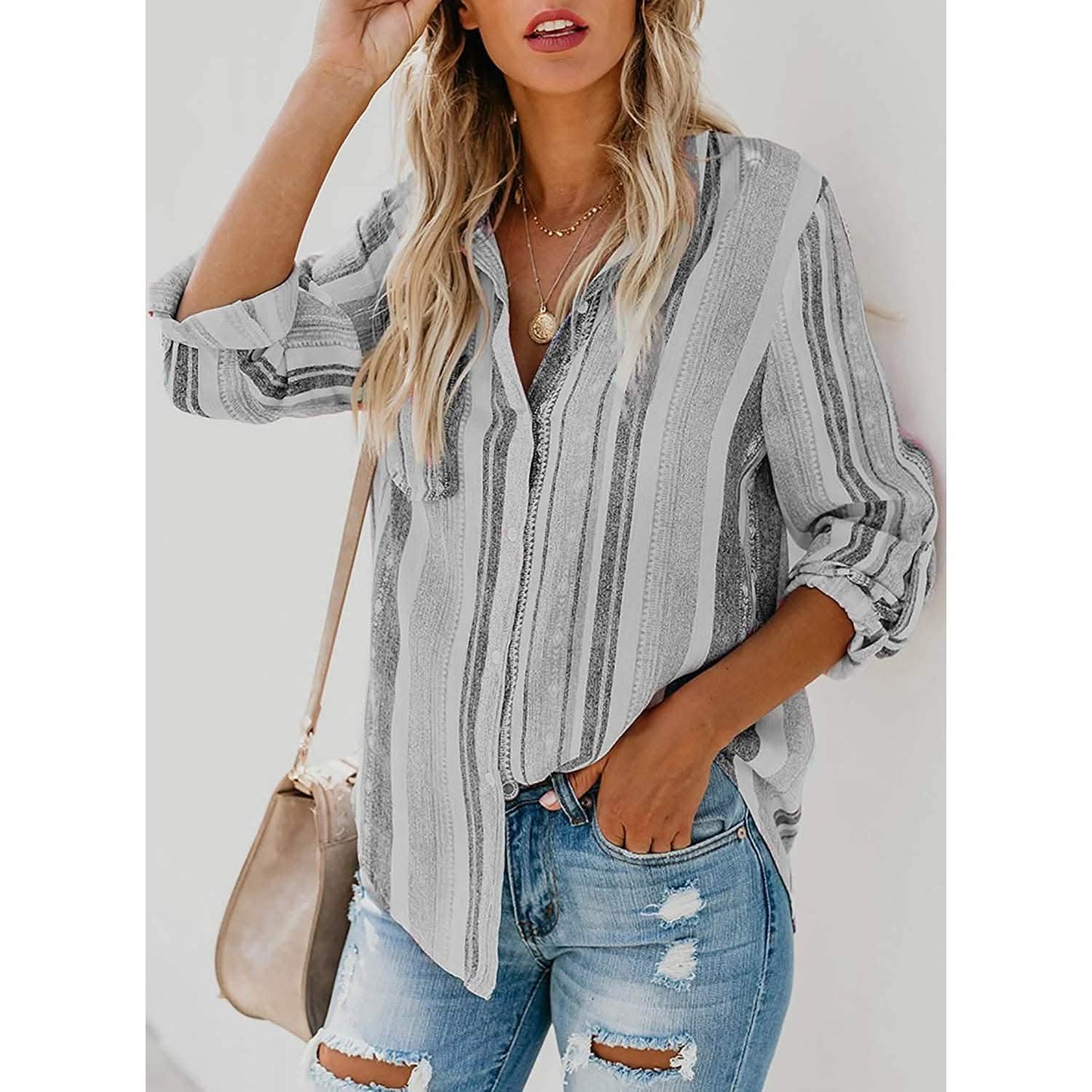 Women's V-Neck Striped Roll-Up Cuff Shirt DailySale