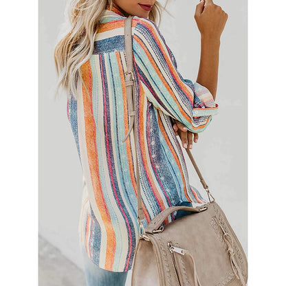 Women's V-Neck Striped Roll-Up Cuff Shirt DailySale