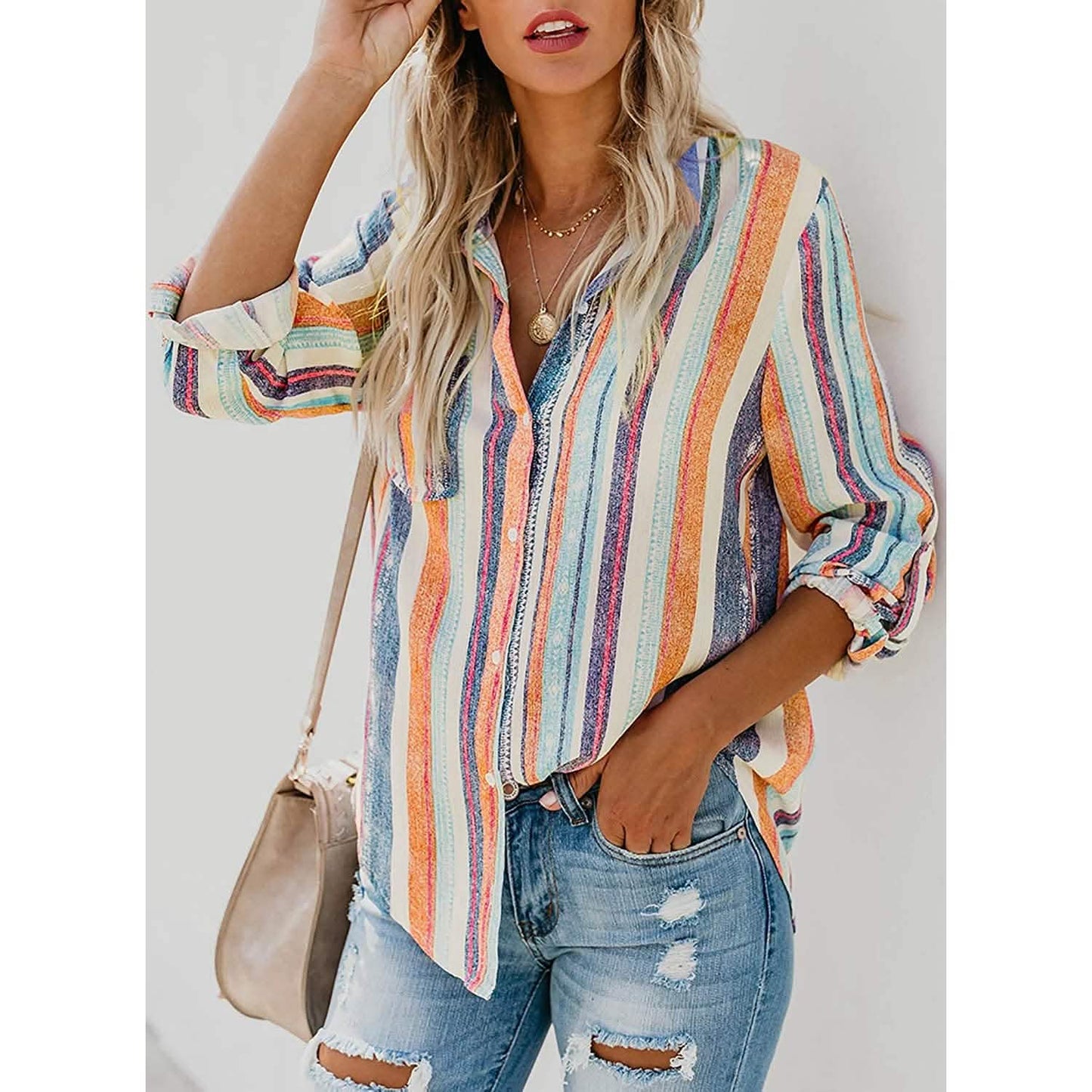 Women's V-Neck Striped Roll-Up Cuff Shirt DailySale