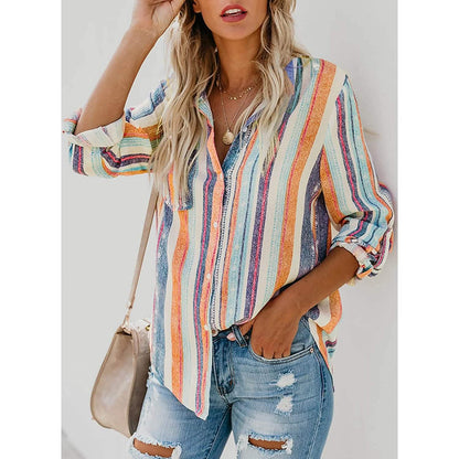 Women's V-Neck Striped Roll-Up Cuff Shirt DailySale