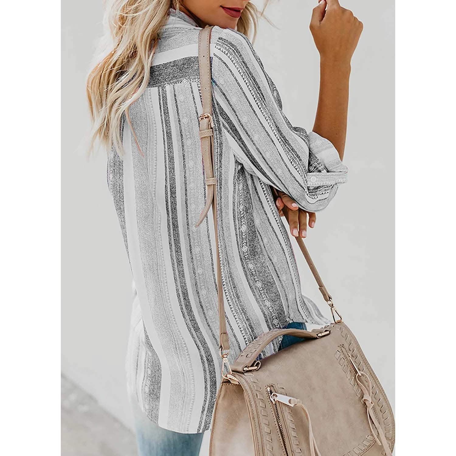 Women's V-Neck Striped Roll-Up Cuff Shirt DailySale