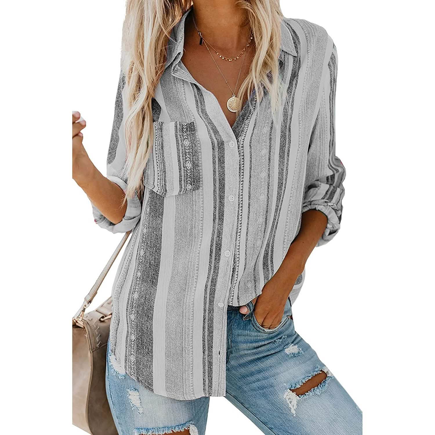 Women's V-Neck Striped Roll-Up Cuff Shirt DailySale