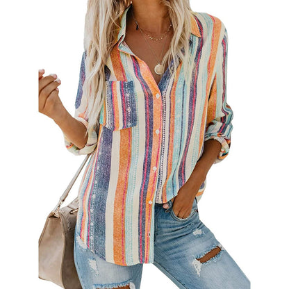 Women's V-Neck Striped Roll-Up Cuff Shirt DailySale