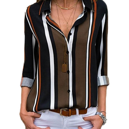Womens V Neck Striped Roll up Sleeve Button Down Blouses Top DailySale