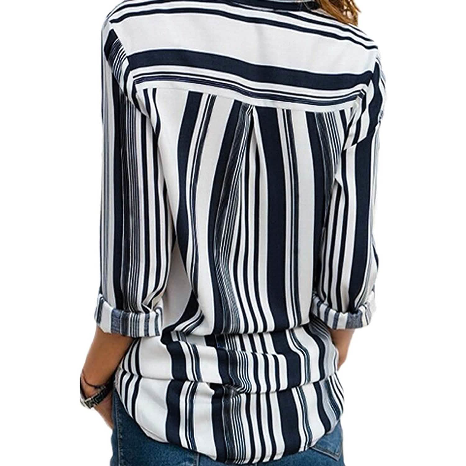 Womens V Neck Striped Roll up Sleeve Button Down Blouses Top DailySale