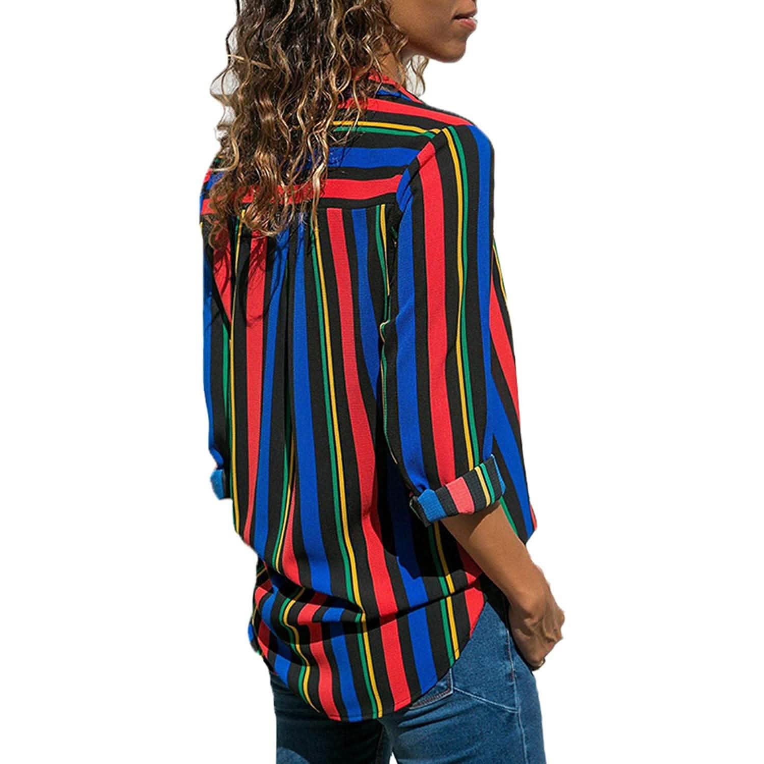 Womens V Neck Striped Roll up Sleeve Button Down Blouses Top DailySale