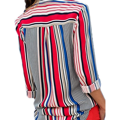 Womens V Neck Striped Roll up Sleeve Button Down Blouses Top DailySale