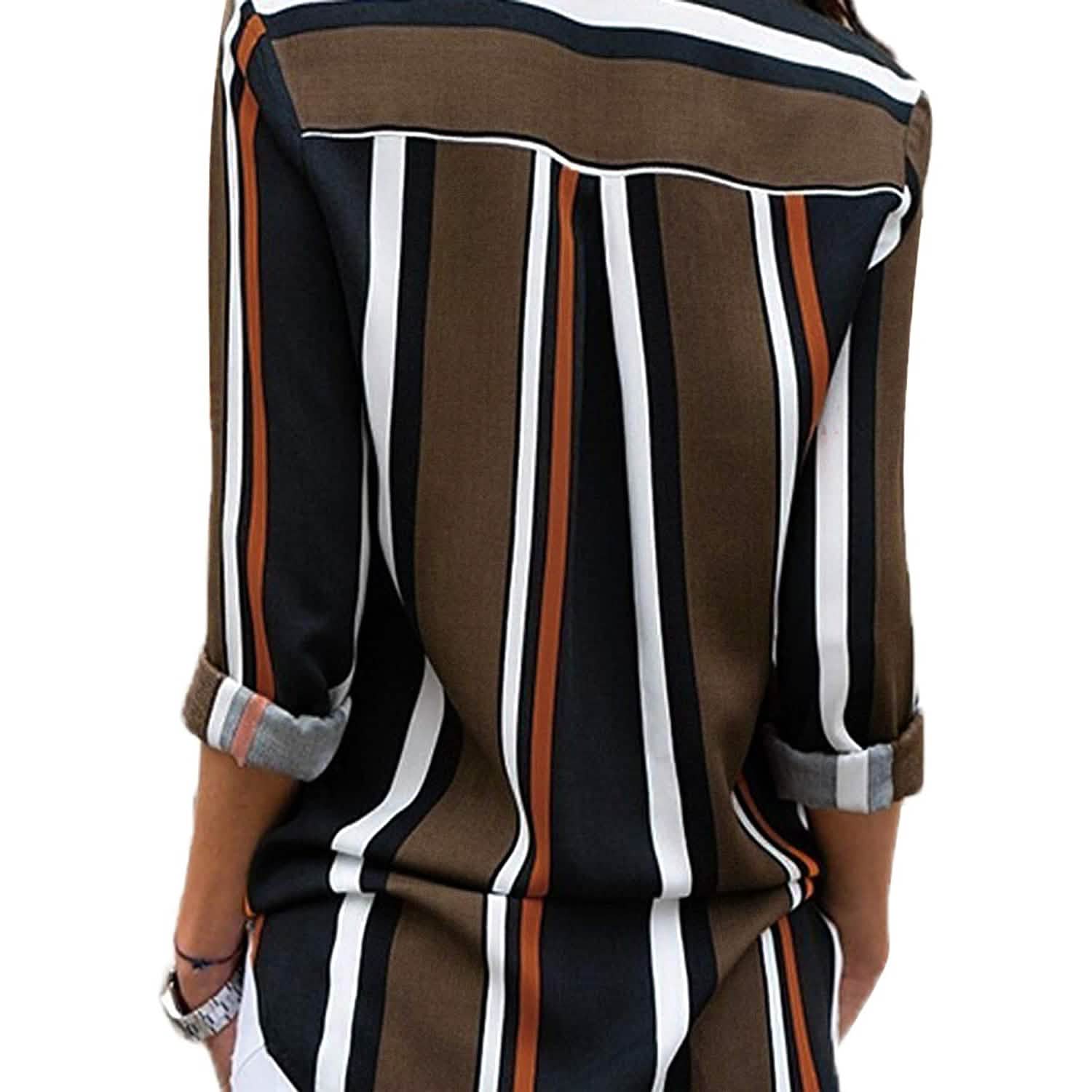 Womens V Neck Striped Roll up Sleeve Button Down Blouses Top DailySale