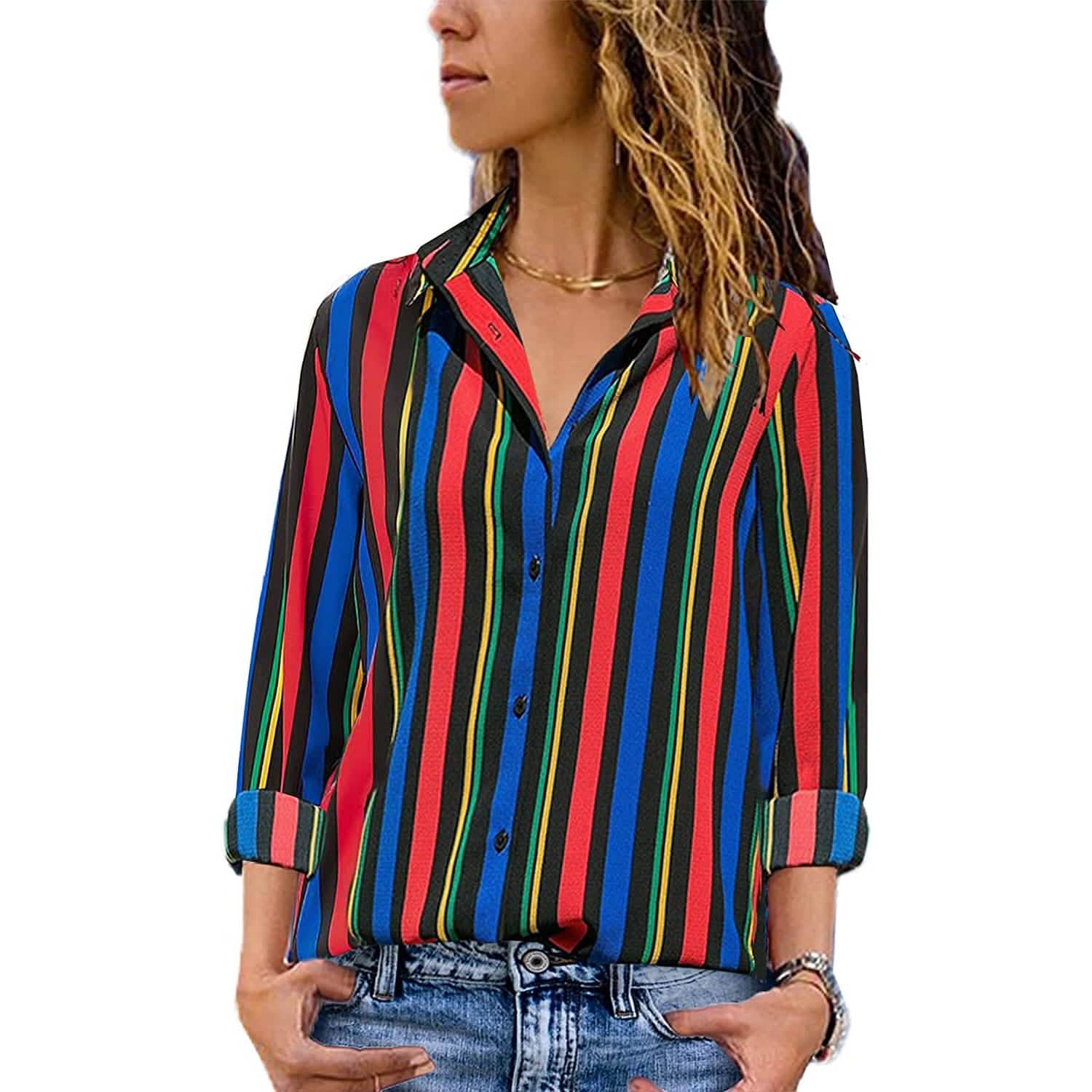 Womens V Neck Striped Roll up Sleeve Button Down Blouses Top DailySale
