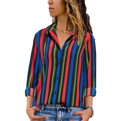 Womens V Neck Striped Roll up Sleeve Button Down Blouses Top DailySale