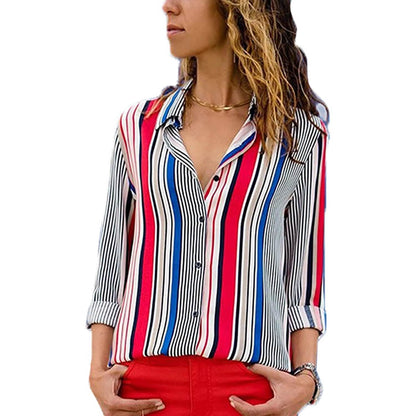 Womens V Neck Striped Roll up Sleeve Button Down Blouses Top DailySale