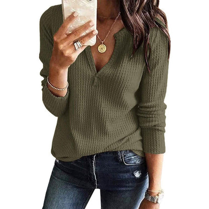 Women's V Neck Waffle Knit Henley Tops DailySale