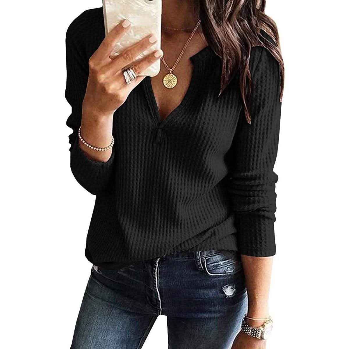 Women's V Neck Waffle Knit Henley Tops DailySale