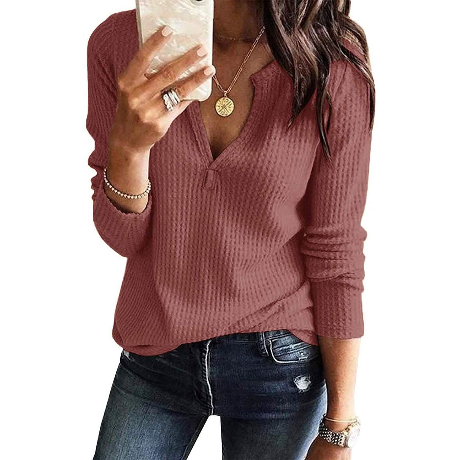 Women's V Neck Waffle Knit Henley Tops DailySale