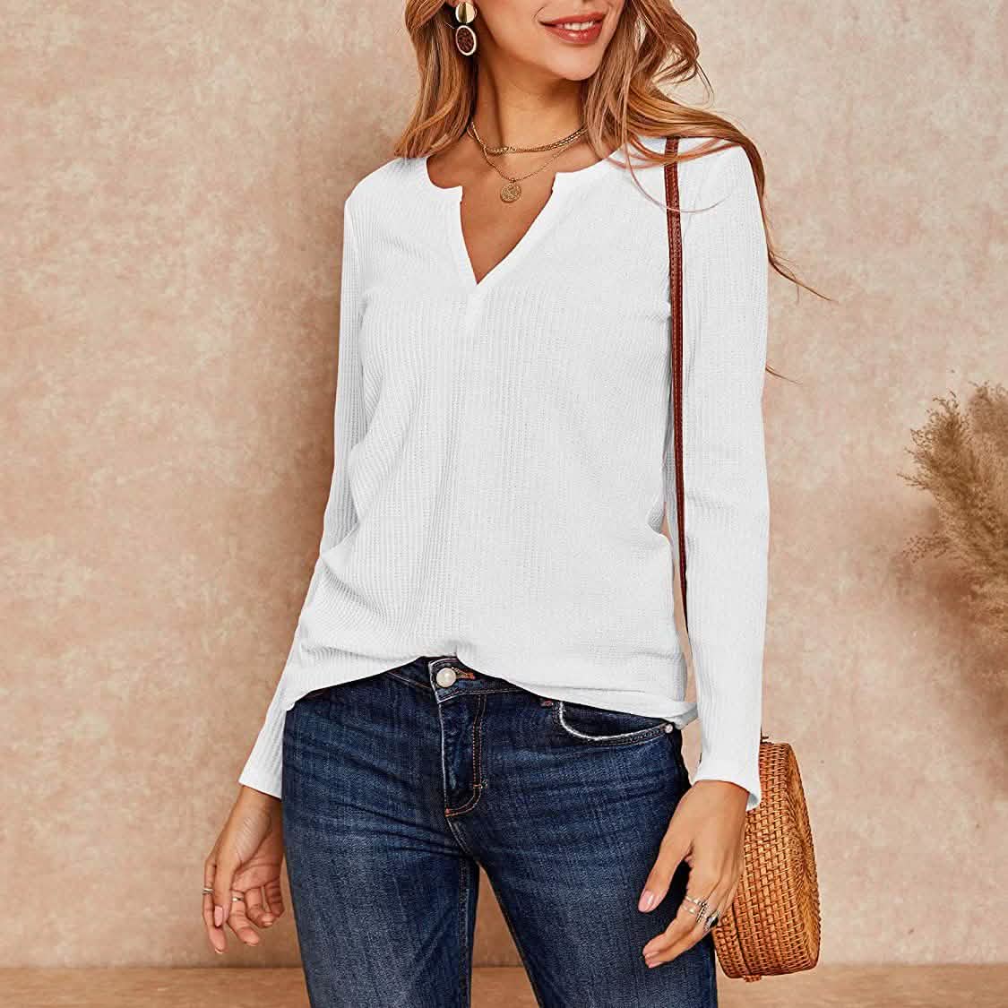 Women's V Neck Waffle Knit Henley Tops DailySale