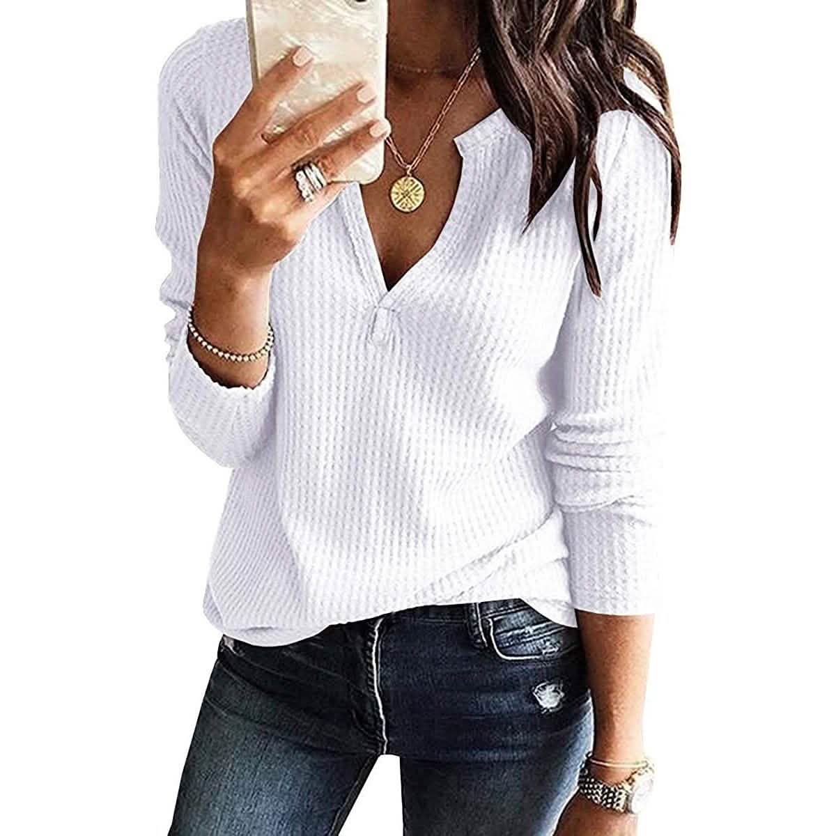 Women's V Neck Waffle Knit Henley Tops DailySale