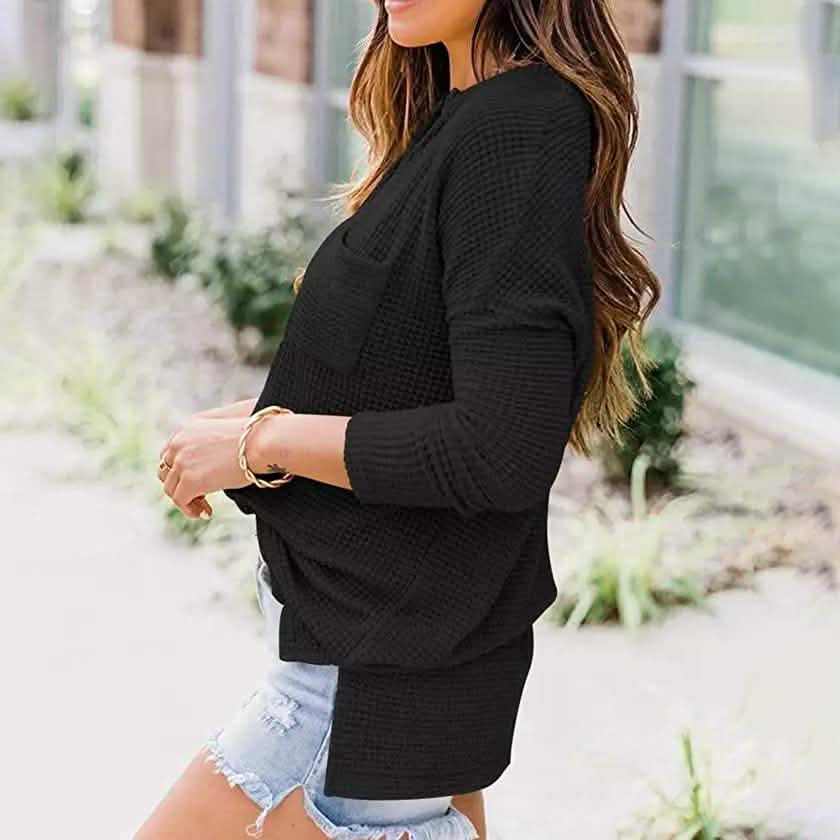 Women's Waffle Knit Fall Oversized Sweater V Neck Pullover Tops DailySale
