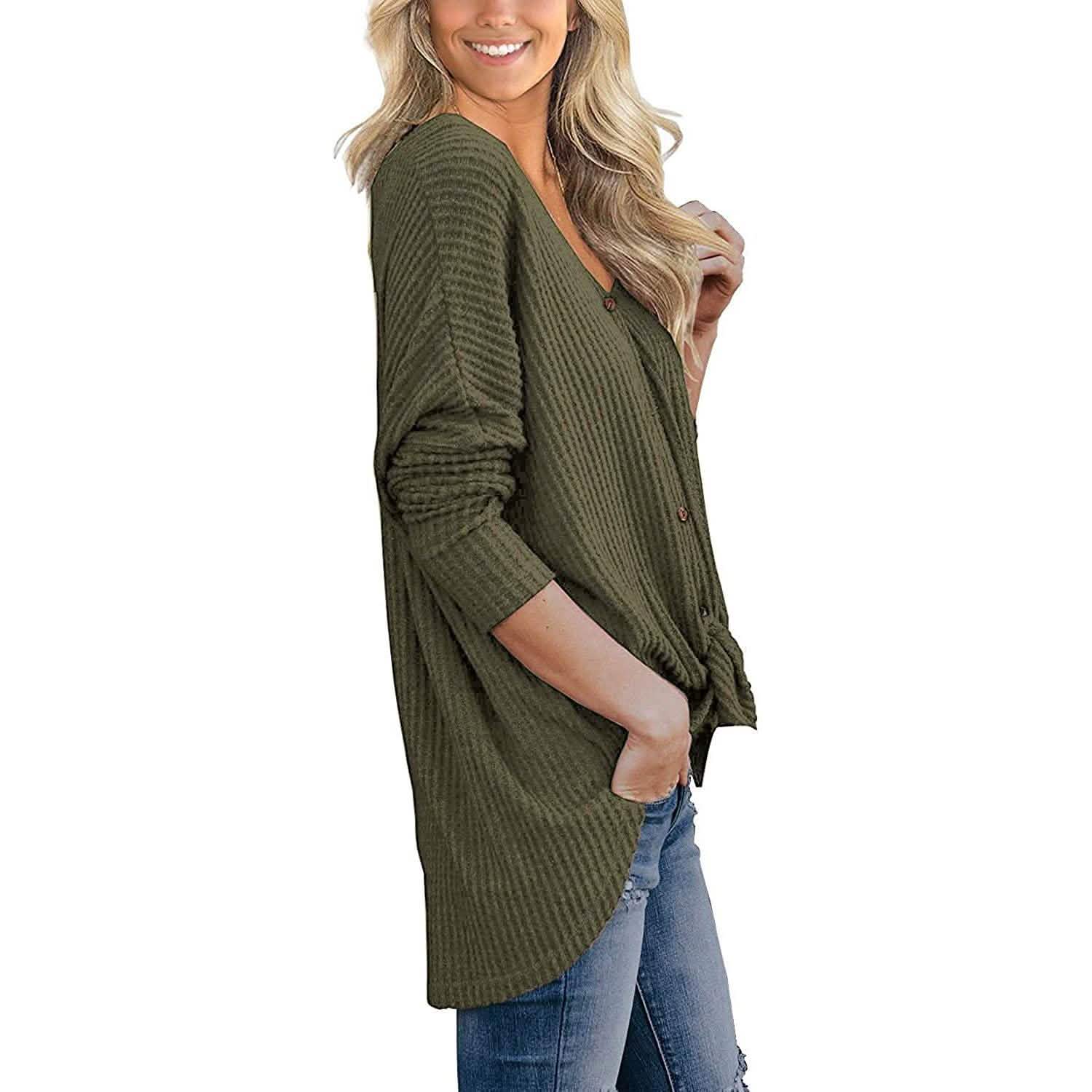 Womens Waffle Knit Tunic Blouse Tie Knot Henley Tops DailySale