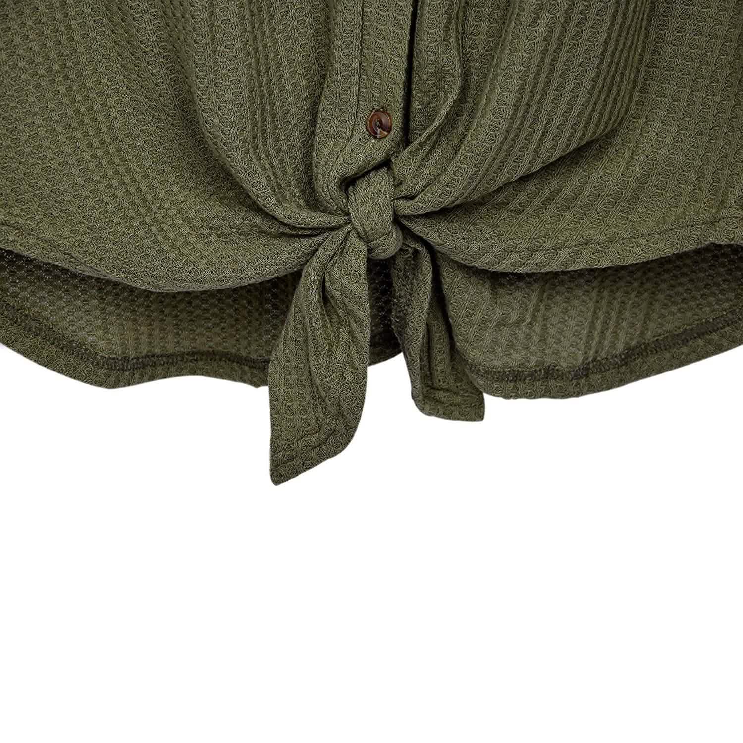 Womens Waffle Knit Tunic Blouse Tie Knot Henley Tops DailySale